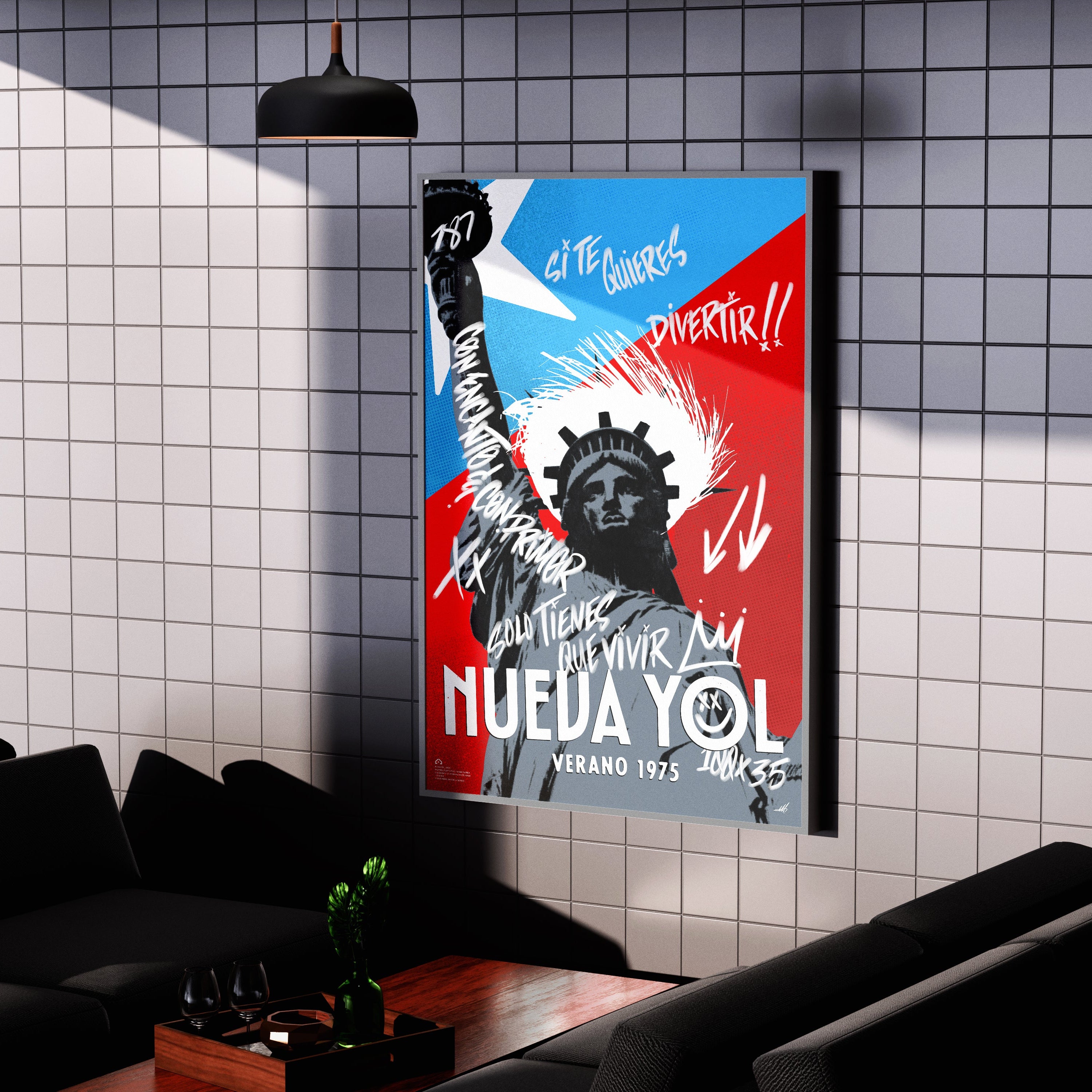 Nueva Yol, Puerto Rico, framed poster with a colorful design of the Statue of Liberty on a tiled wall.